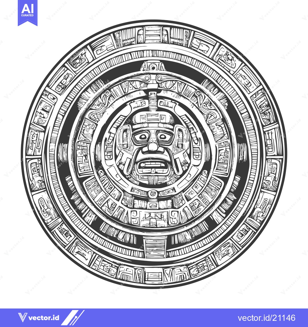 Premium Vector dari Aztec Calendar Stone with Central Deity and Symbolic Glyphs