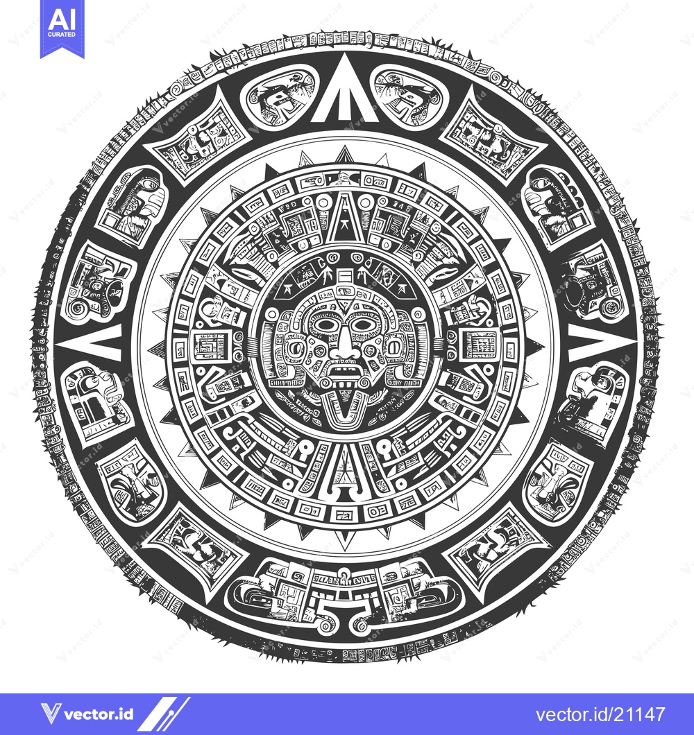 Premium Vector dari Aztec Calendar Stone with Central Deity Face