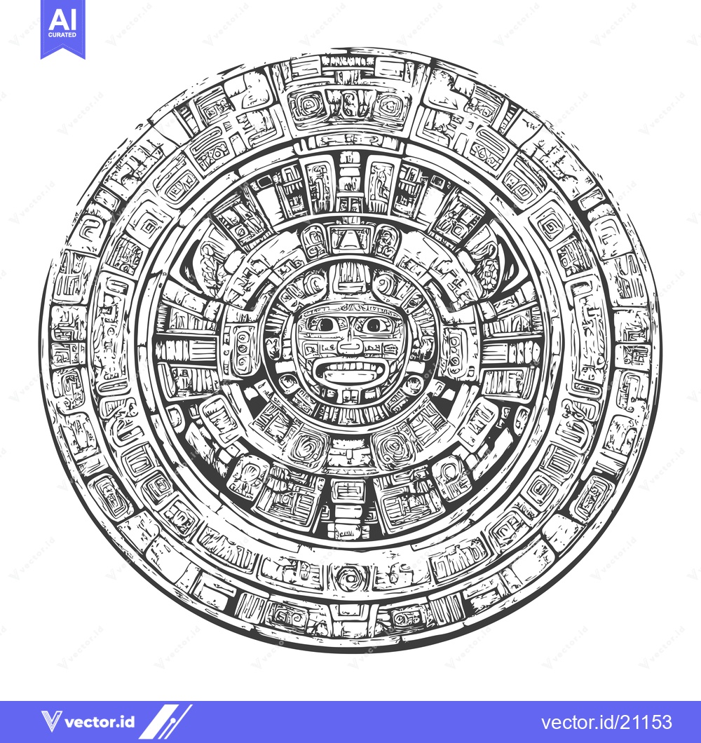 Premium Vector of Aztec Calendar Stone with Central Deity Face and Glyphs