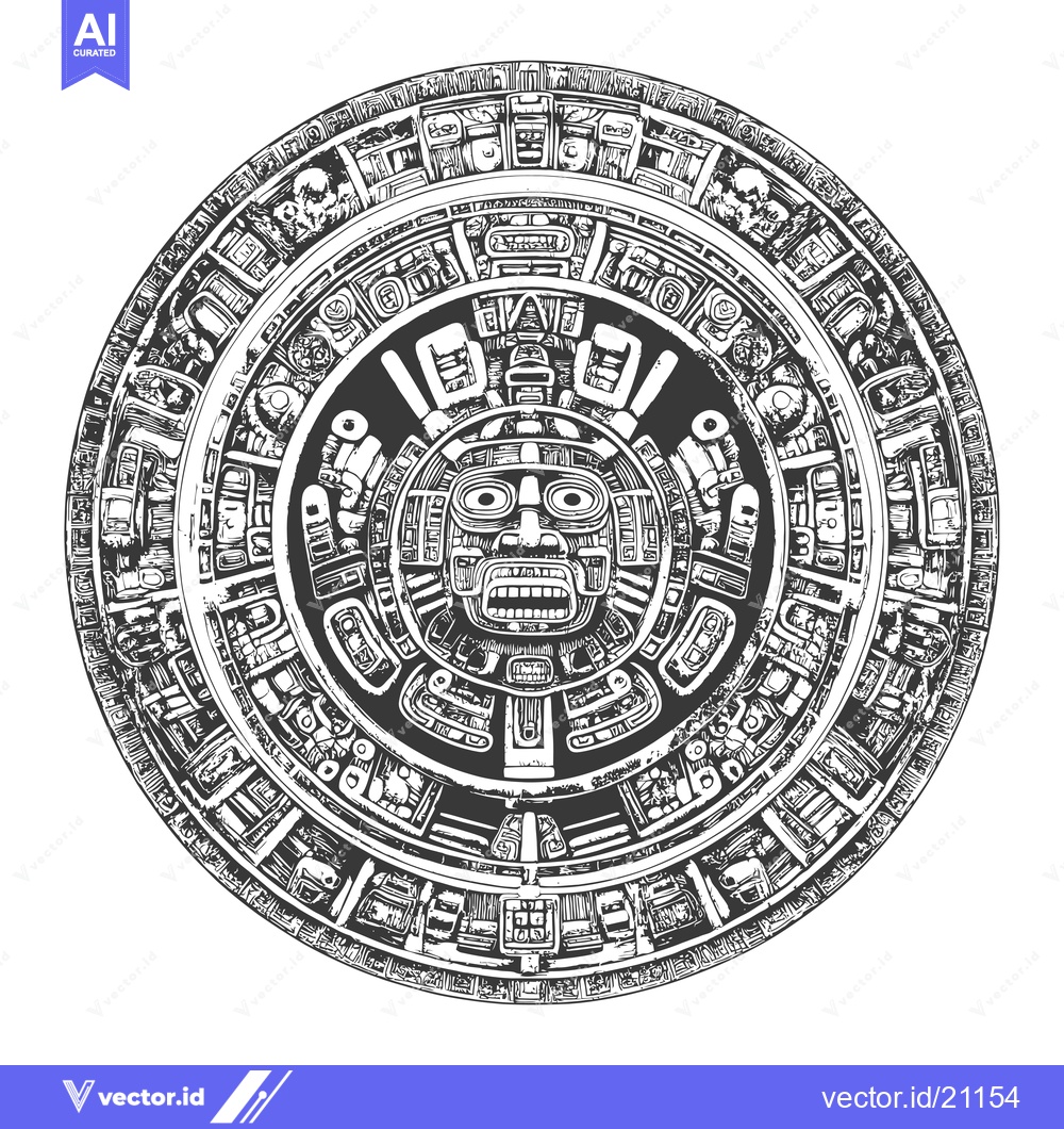 Premium Vector of Aztec Calendar Stone with Central Deity Face and Glyphs