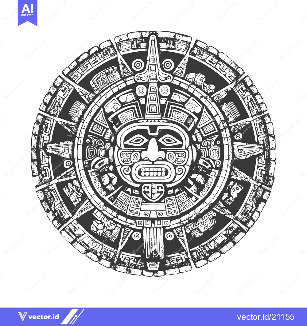 Premium Vector dari Aztec Calendar Stone with Central Deity Face and Intricate Designs