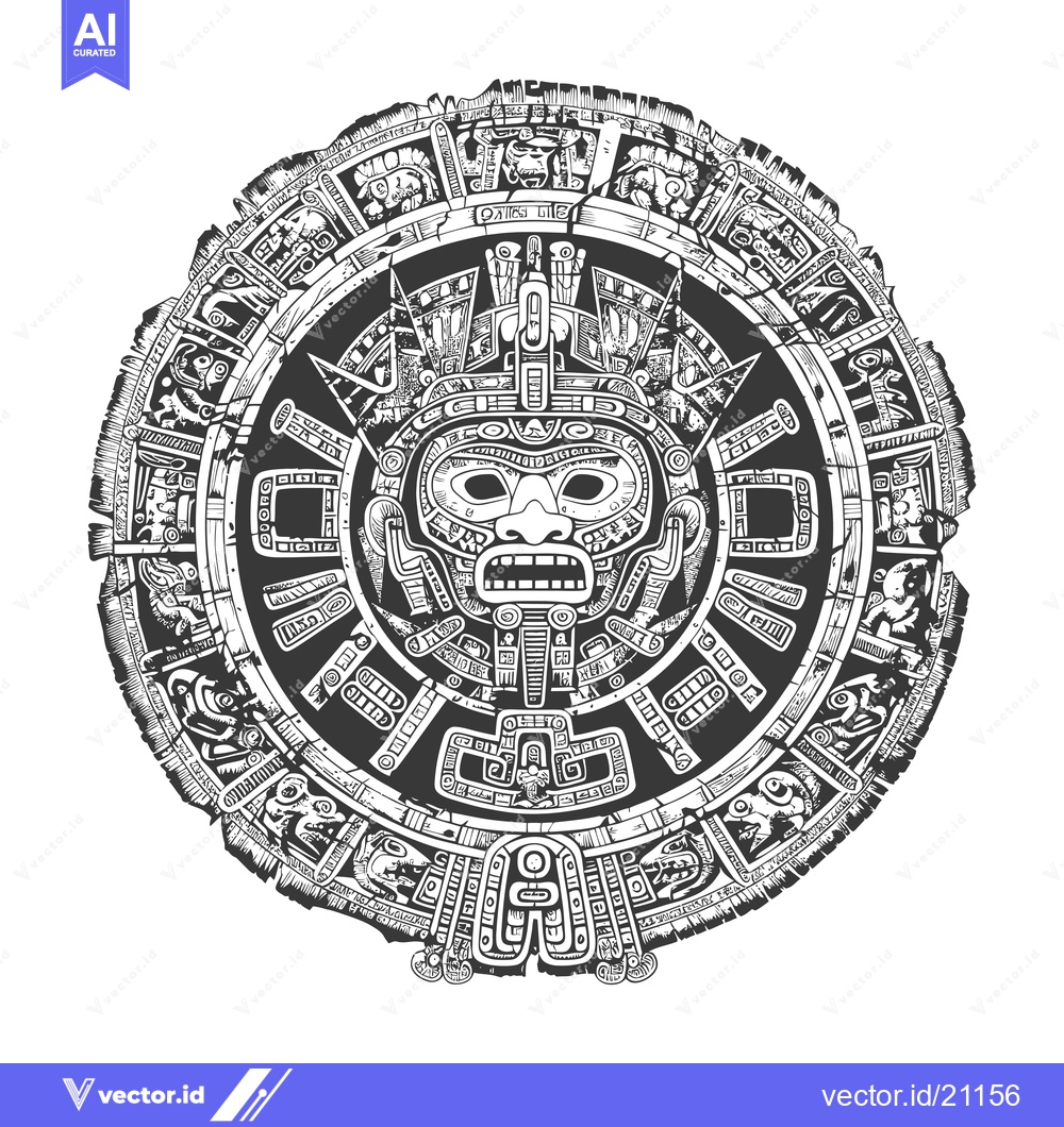 Premium Vector of Aztec Calendar Stone with Central Deity Mask