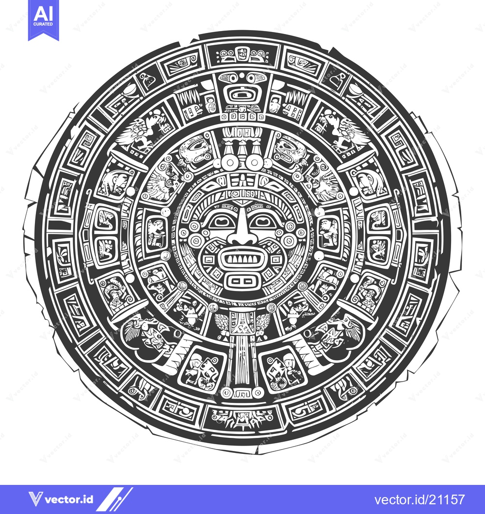 Premium Vector of Aztec Calendar Stone with Central Face and Circular Designs