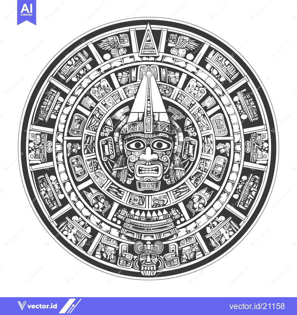 Premium Vector dari Aztec Calendar Stone with Central Face and Detailed Ornamentation