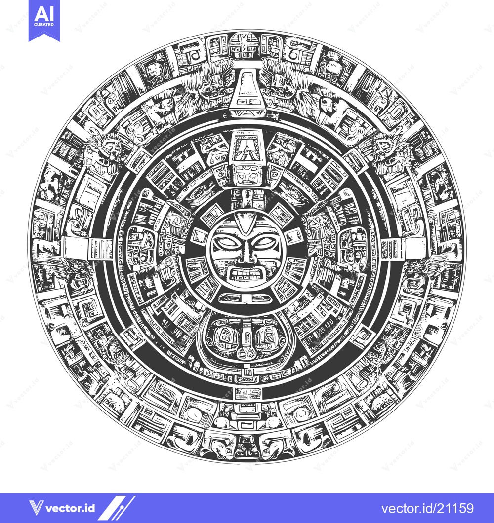Premium Vector dari Aztec Calendar Stone with Central Face and Glyphs