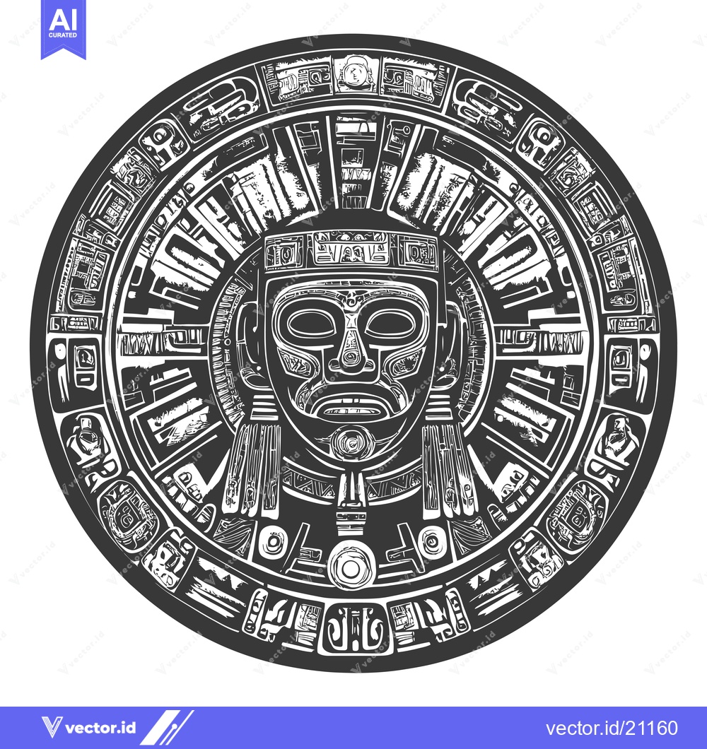 Premium Vector dari Aztec Calendar Stone with Central Face and Glyphs