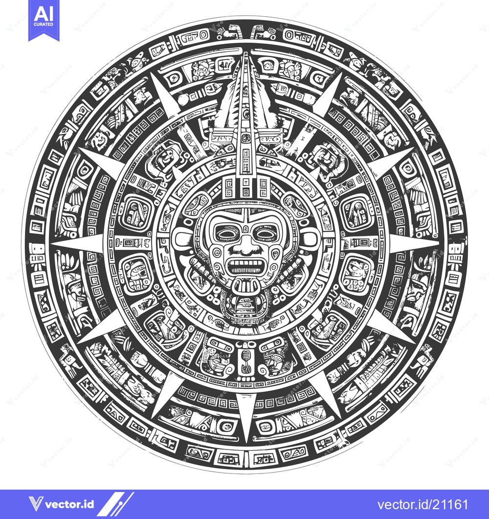 Premium Vector dari Aztec Calendar Stone with Central Face and Intricate Designs