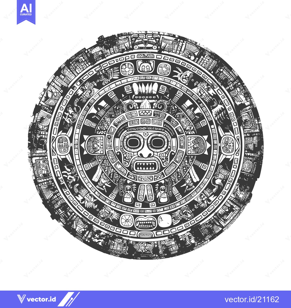 Premium Vector dari Aztec Calendar Stone with Central Face and Surrounding Glyphs