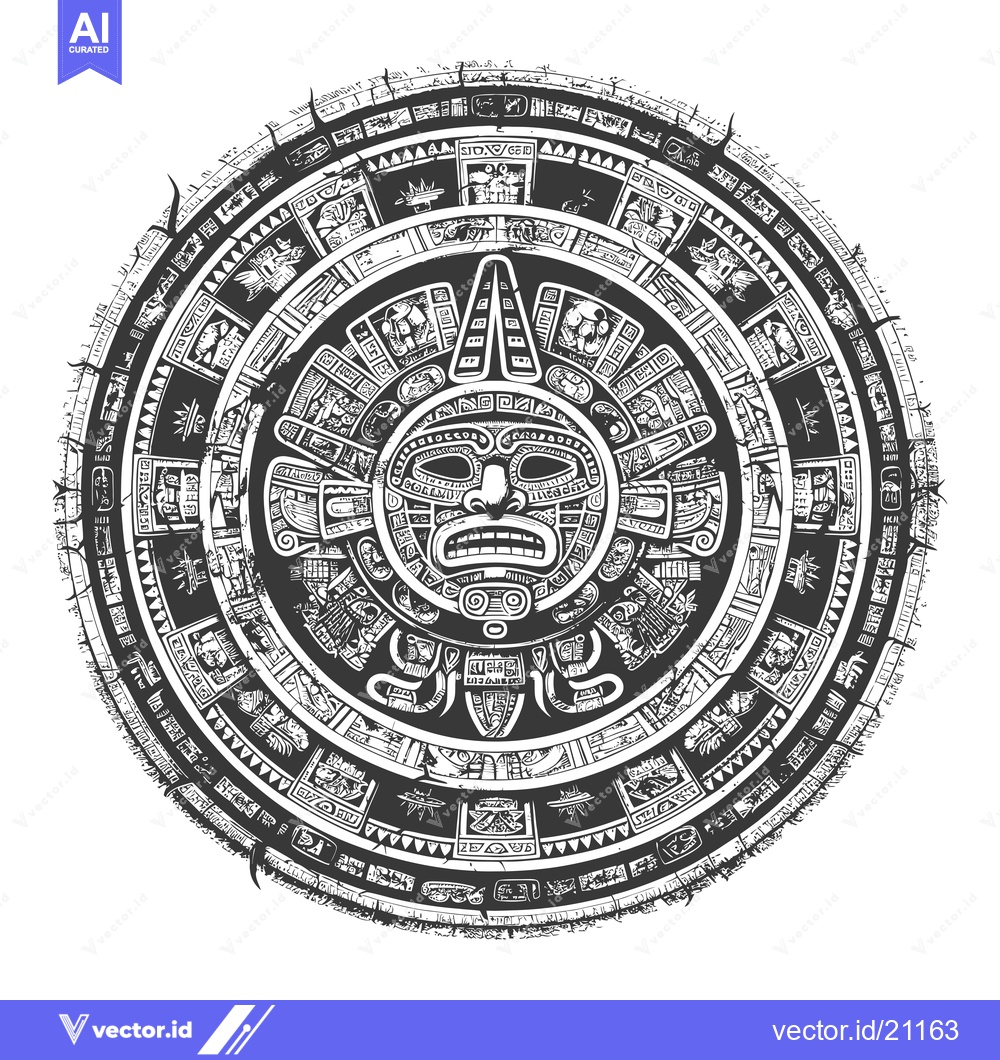 Premium Vector dari Aztec Calendar Stone with Central Face and Symbolic Glyphs