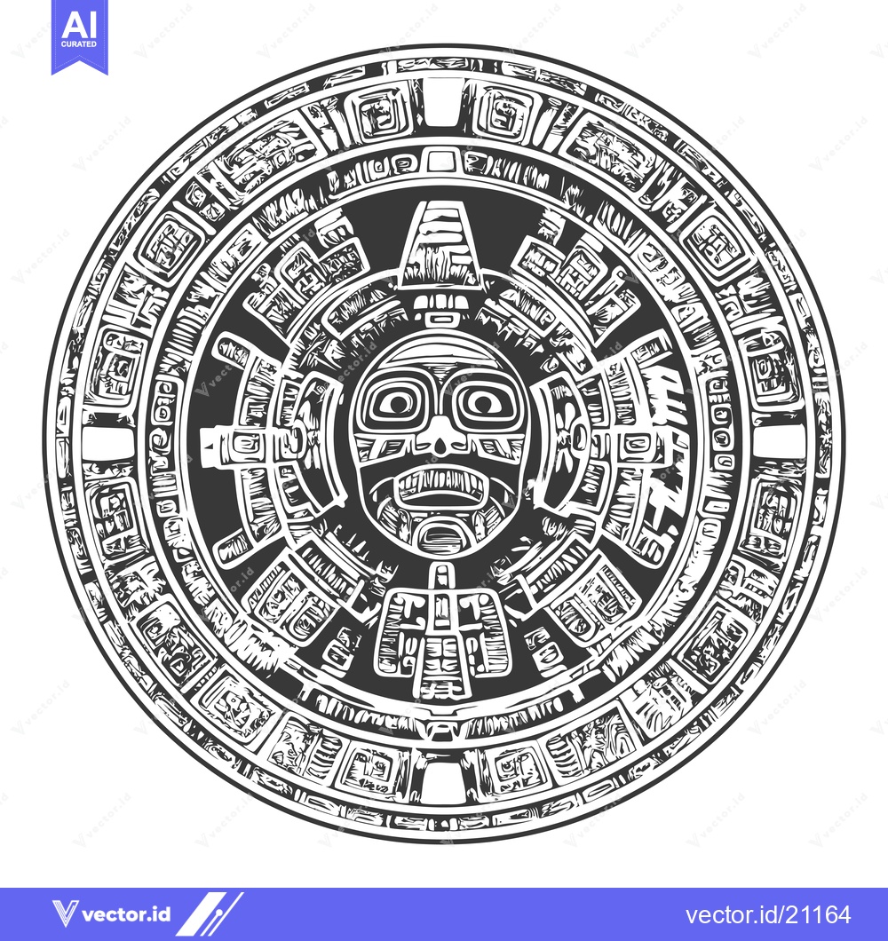 Premium Vector of Aztec Calendar Stone with Central Face and Symbolic Glyphs