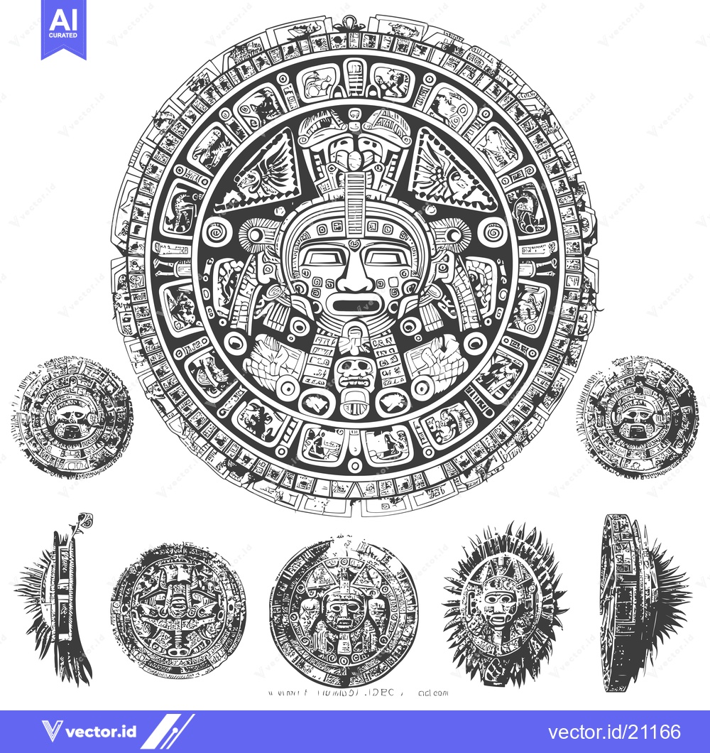 Premium Vector dari Aztec Calendar Stone with Deities and Glyphs