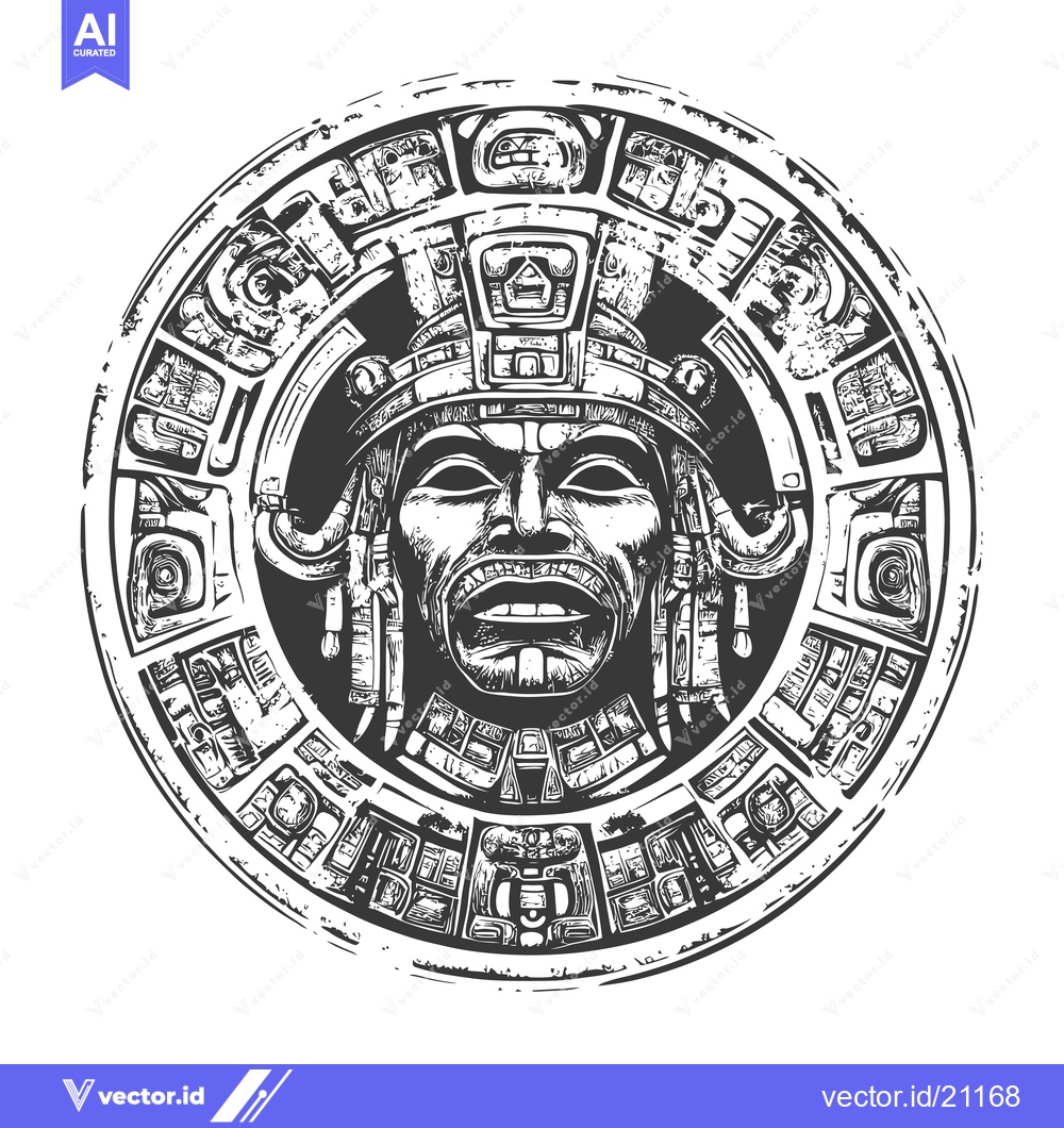 Premium Vector dari Aztec Calendar Stone with Detailed Carving of a Face