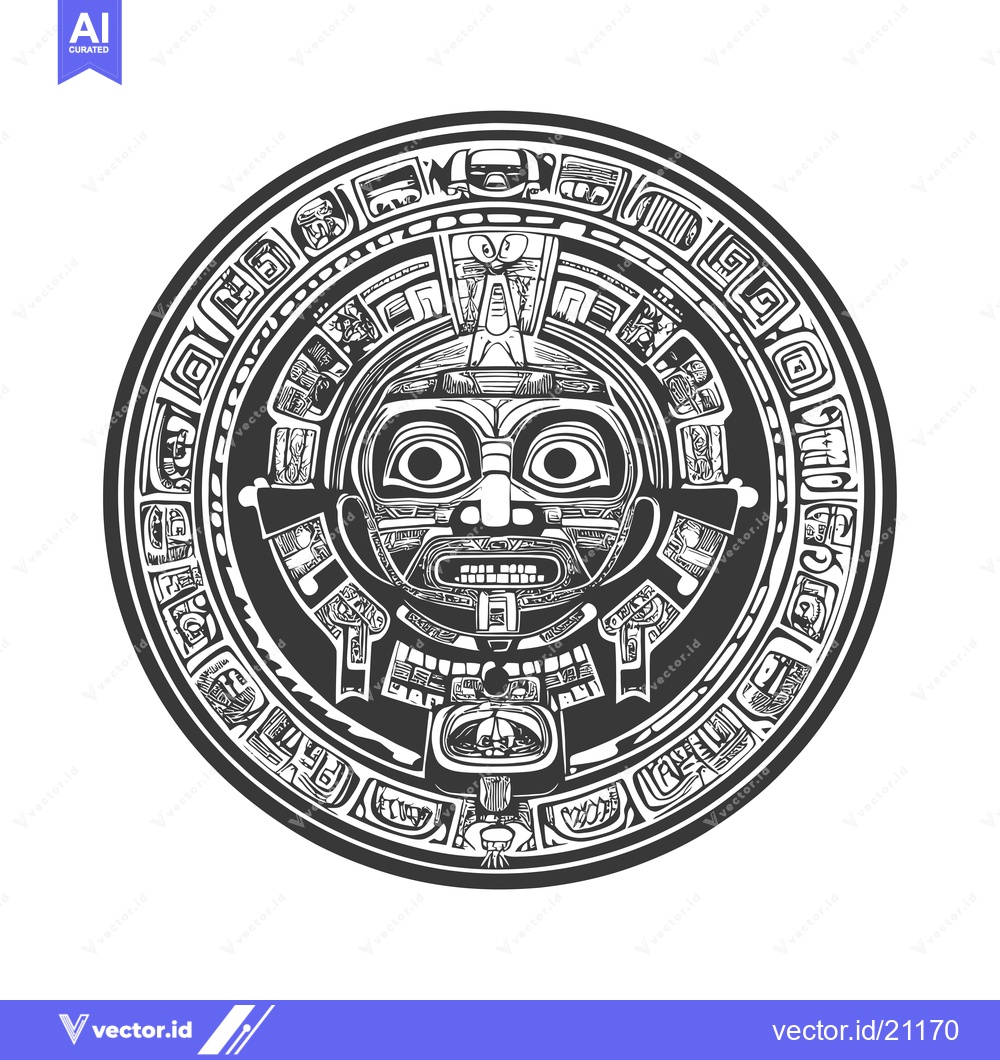 Premium Vector dari Aztec Calendar Stone with Detailed Carvings and a Central Face