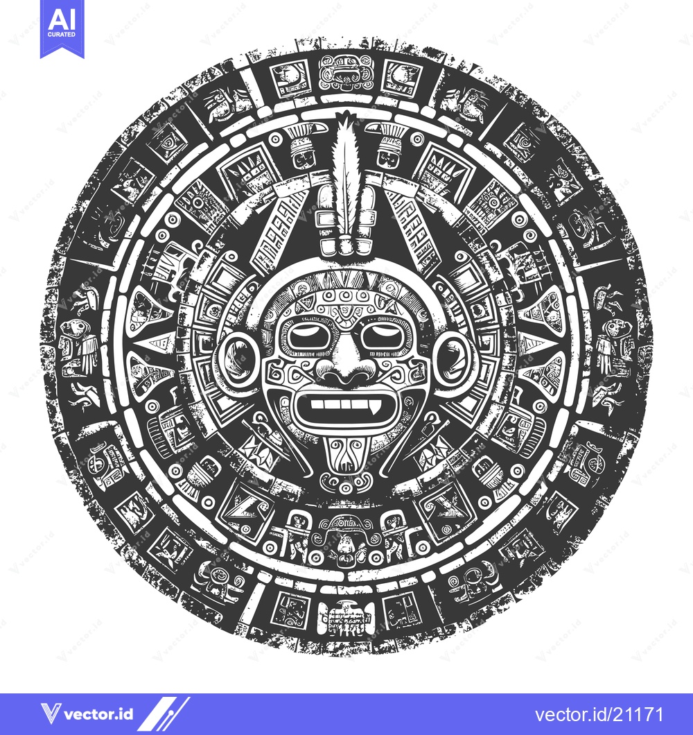 Premium Vector dari Aztec Calendar Stone with Detailed Carvings and a Central Face