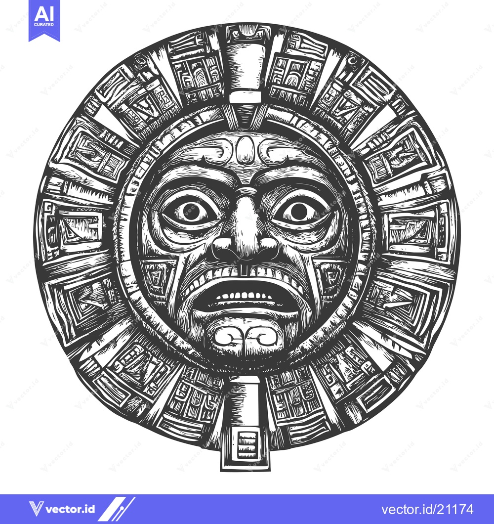 Premium Vector of Aztec Calendar Stone with Detailed Face and Ornamental Border