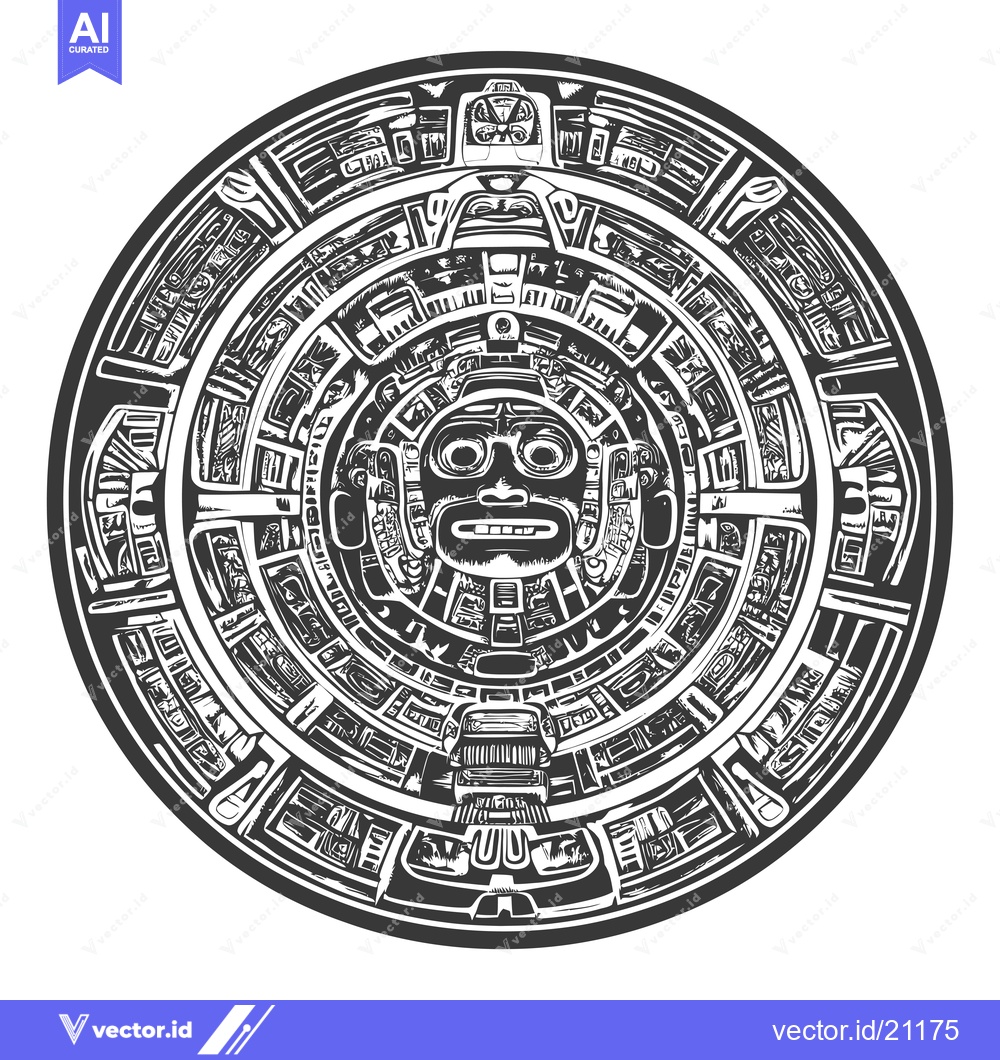 Premium Vector of Aztec Calendar Stone with Detailed Glyphs and Central Deity