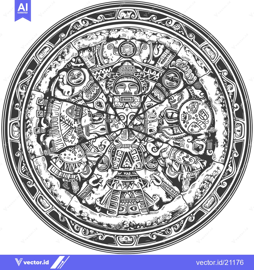 Premium Vector dari Aztec Calendar Stone with Detailed Glyphs and Figures