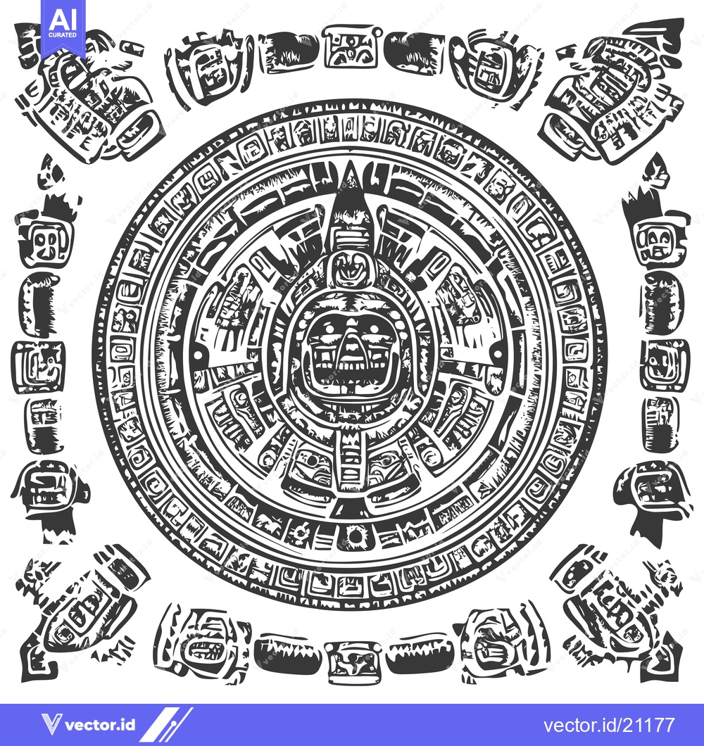 Premium Vector dari Aztec Calendar Stone with Detailed Glyphs and Symbols