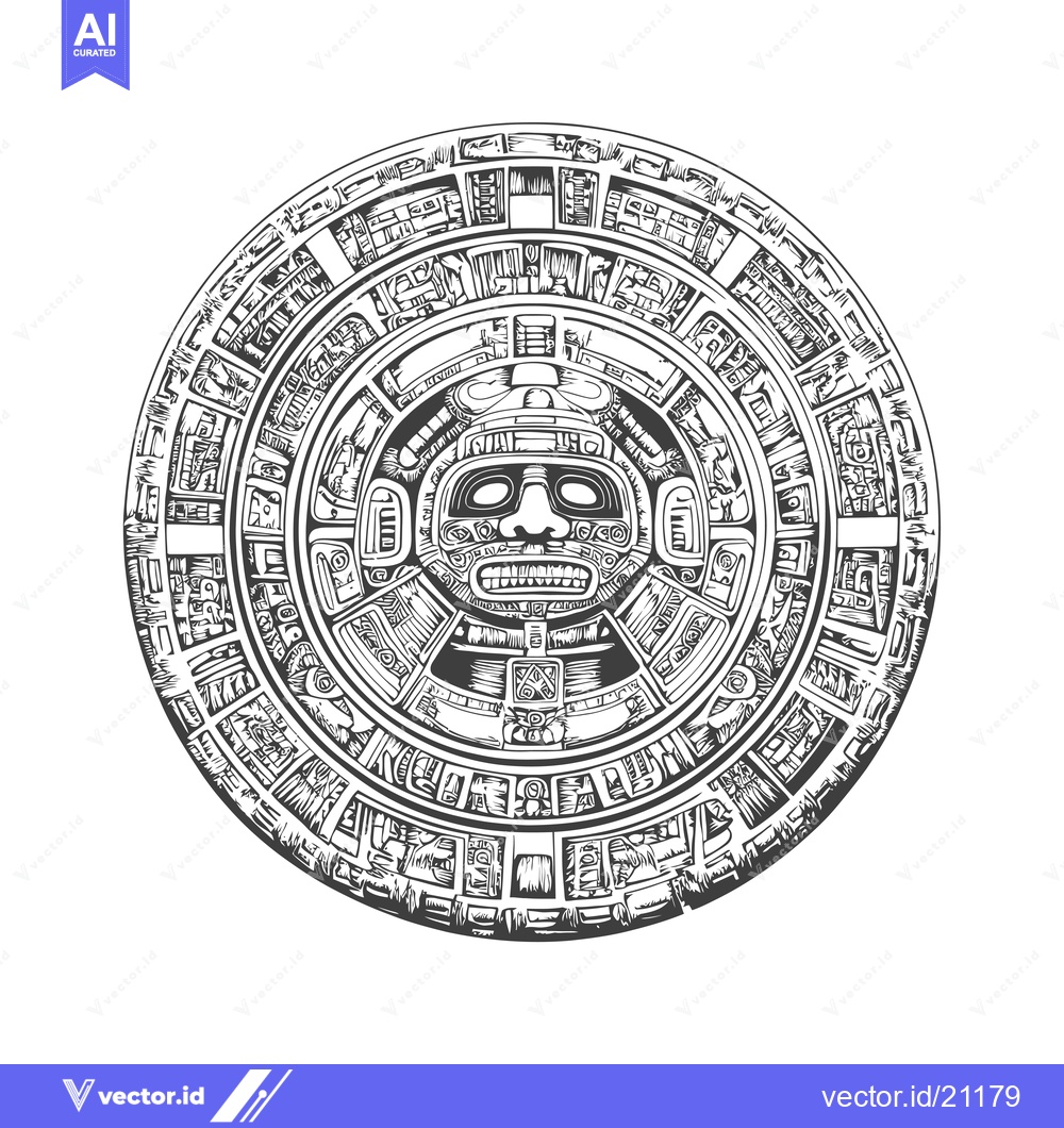 Premium Vector of Aztec Calendar Stone with Detailed Intricate Glyphs and Central Deity