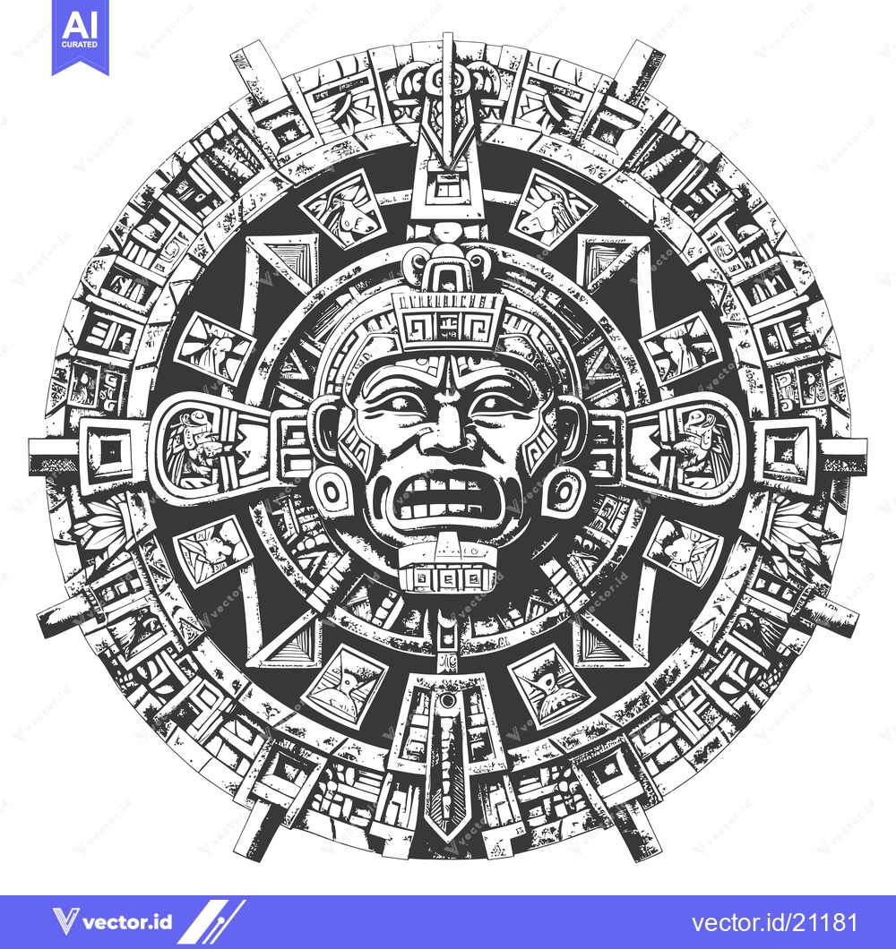 Premium Vector dari Aztec Calendar Stone with Ferocious Face and Intricate Design