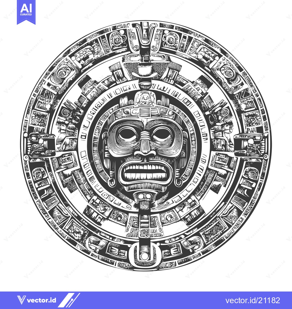 Premium Vector dari Aztec Calendar Stone with Ferocious Face and Intricate Designs
