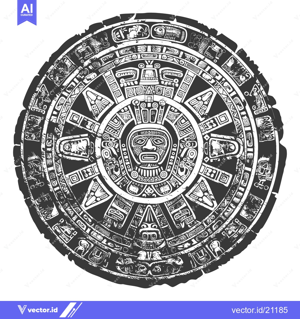Premium Vector of Aztec Calendar Stone with Intricate Carvings and a Central Deity
