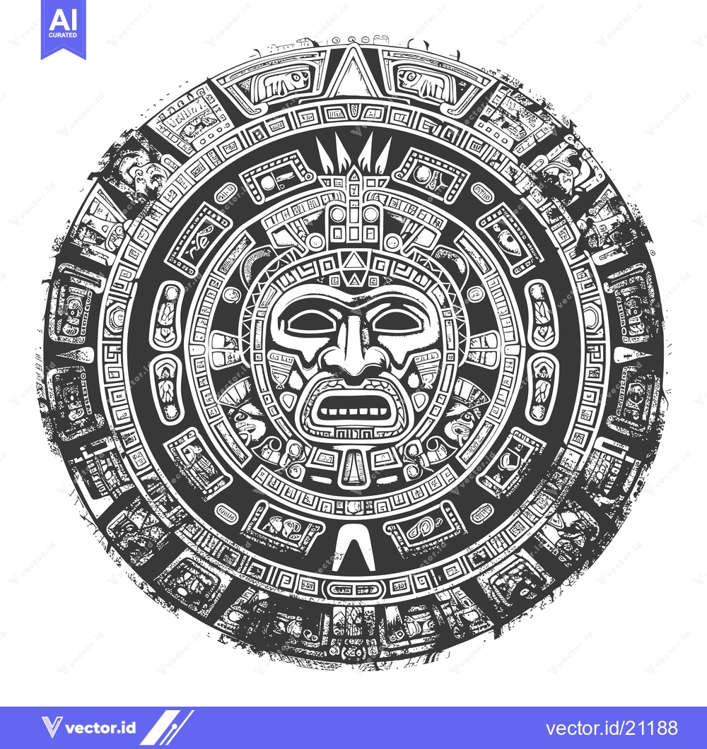 Premium Vector of Aztec Calendar Stone with Intricate Designs and a Central Face