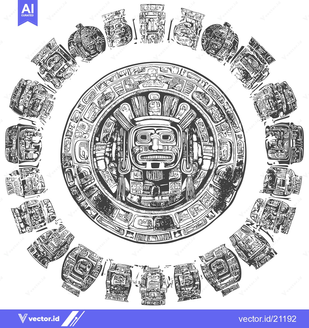 Premium Vector of Aztec Calendar Stone with Surrounding Glyphs