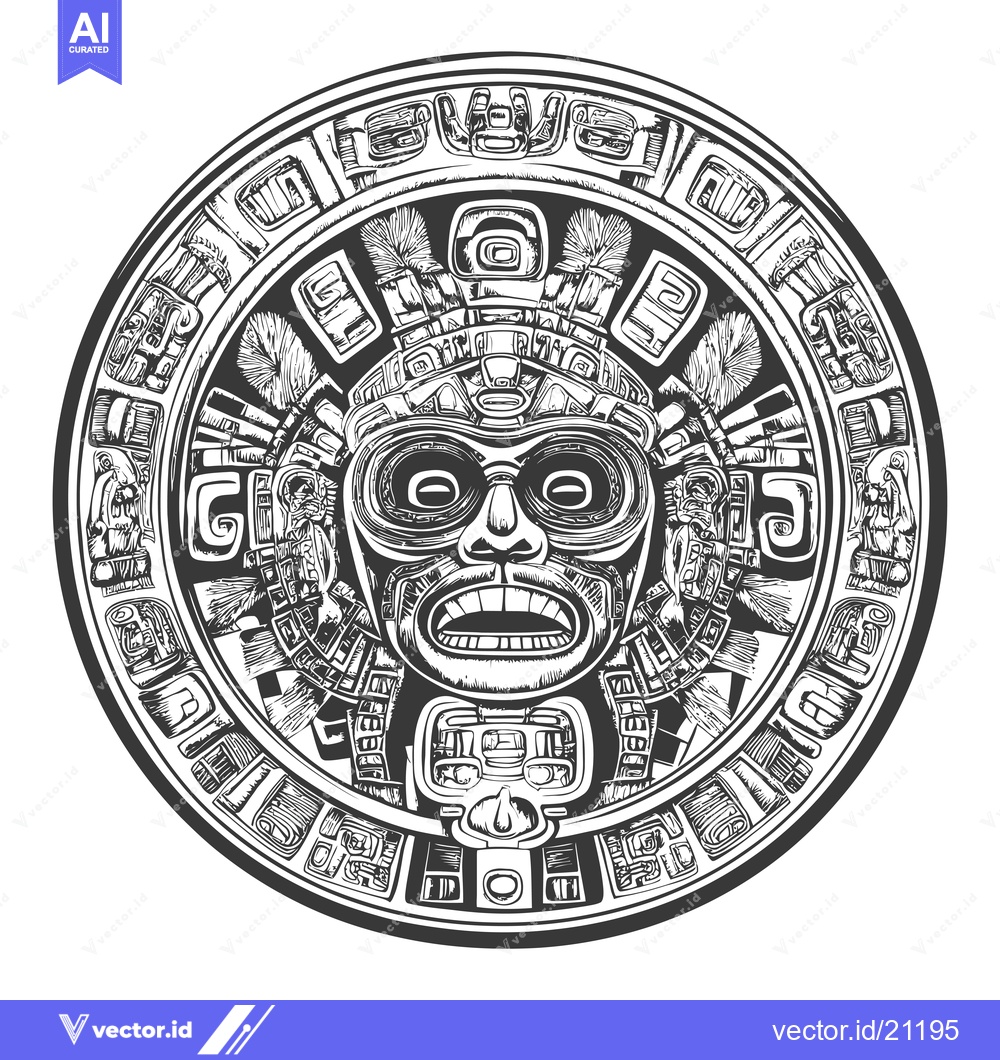 Premium Vector dari Aztec Calendar with a Central Deity Mask