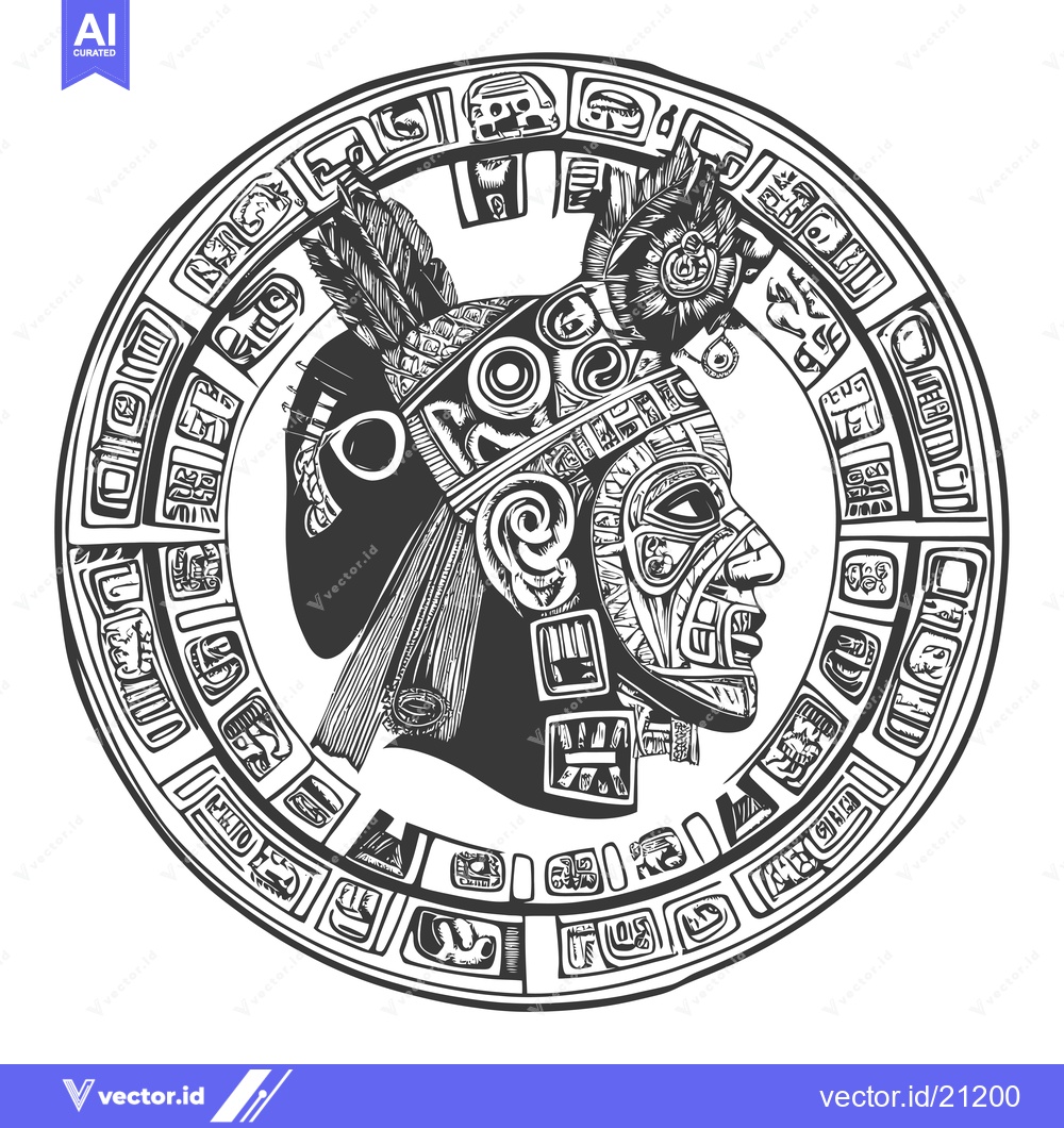 Premium Vector dari Aztec calendar with a profile of a warrior wearing a headdress