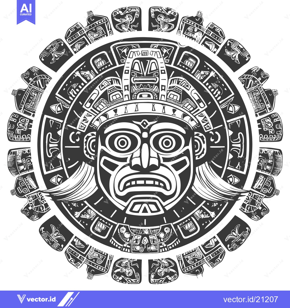 Premium Vector dari Aztec Calendar with Central Deity Face and Surrounding Glyphs