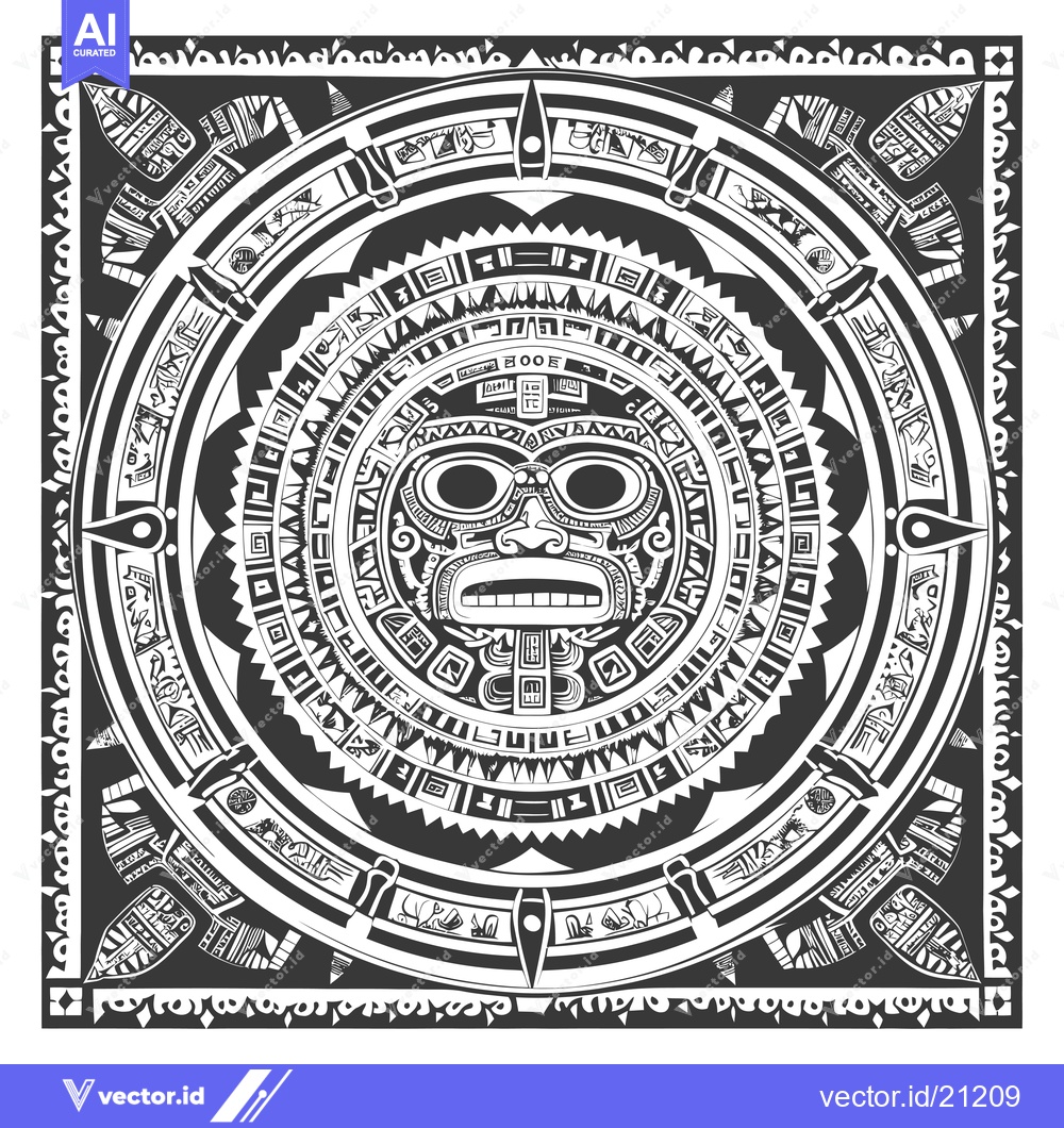 Premium Vector of Aztec Calendar with Central Face and Geometric Patterns