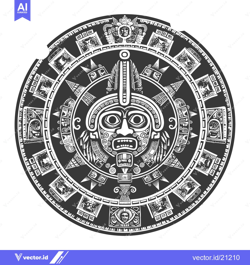 Premium Vector dari Aztec Calendar with Central Face and Surrounding Figures