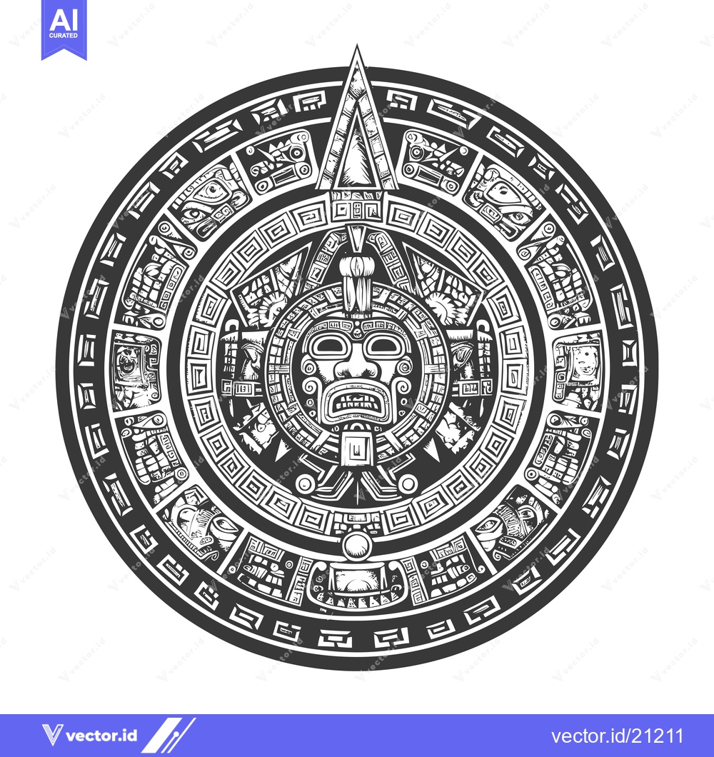 Premium Vector dari Aztec Calendar with Central Face and Symbolic Figures