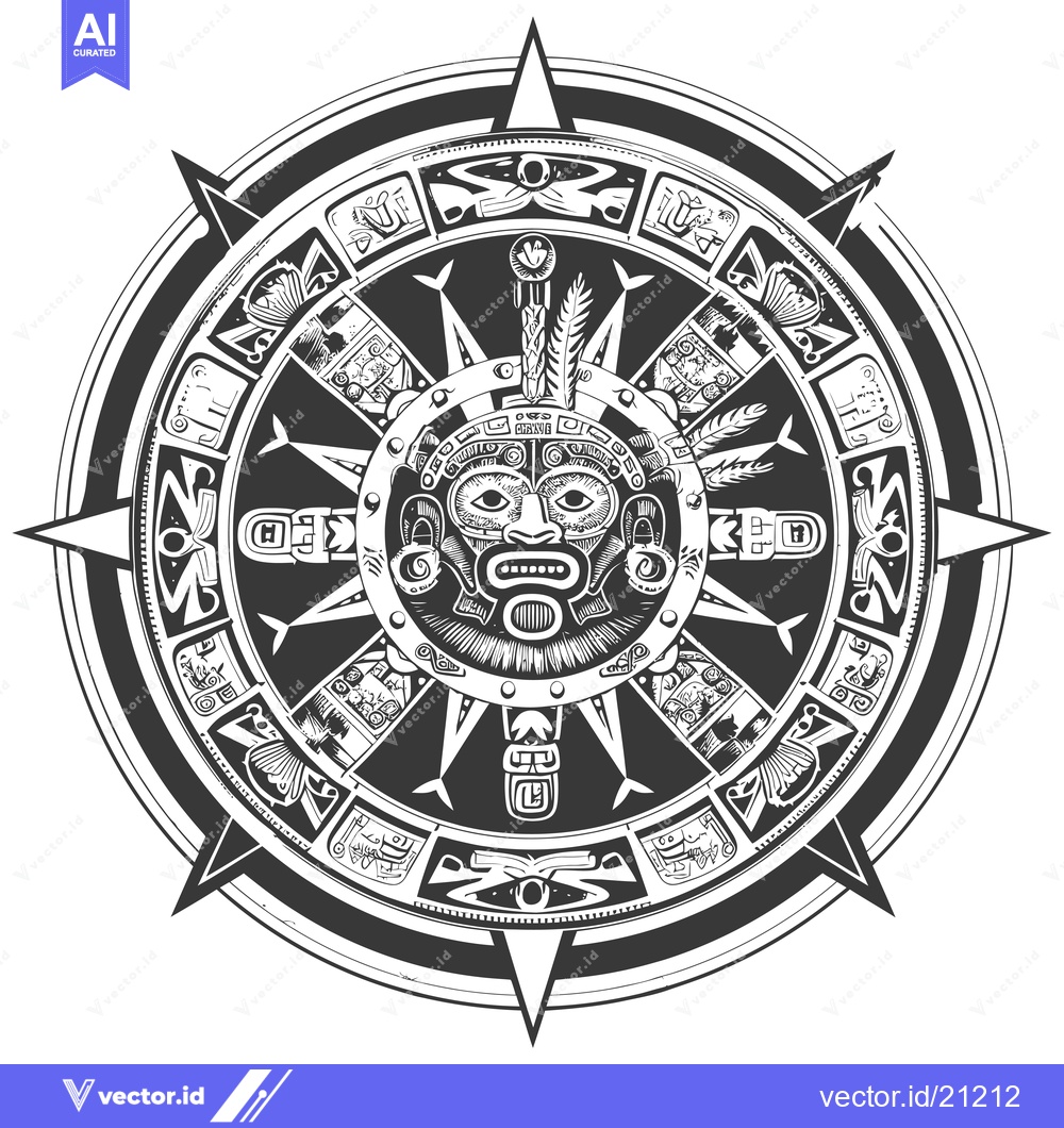 Premium Vector of Aztec Calendar with Central Mask and Compass Points