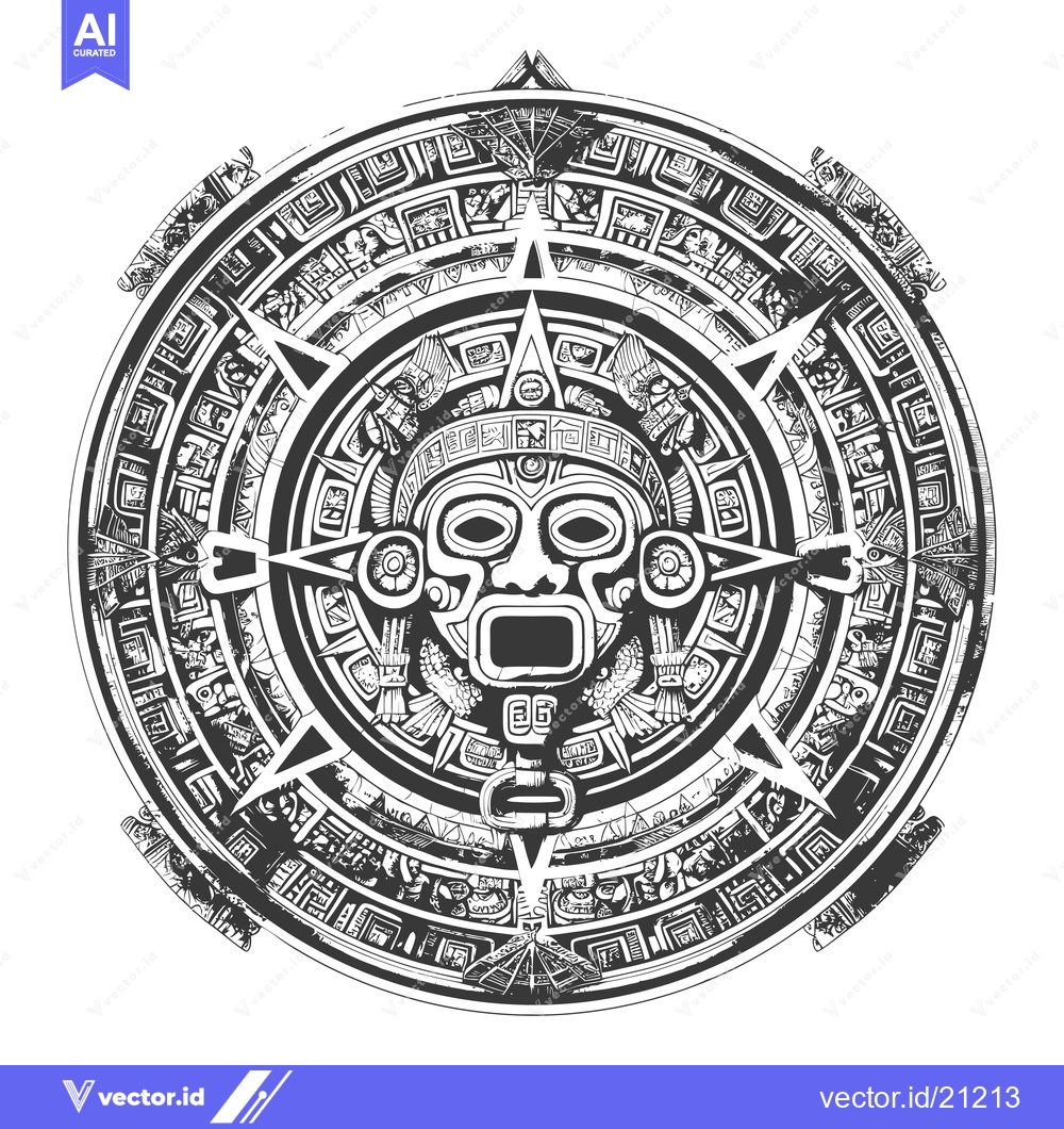 Premium Vector dari Aztec Calendar with Central Mask and Ornate Design