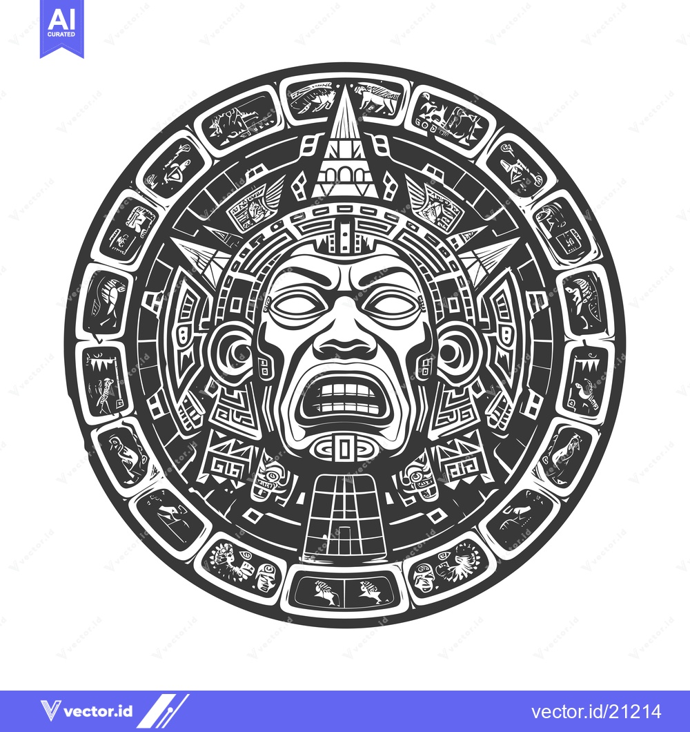 Premium Vector dari Aztec Calendar with Central Mask and Surrounding Animal Figures