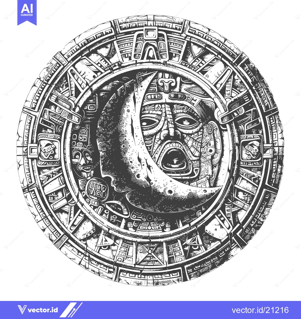 Premium Vector of Aztec Calendar with Crescent Moon and Deity Face