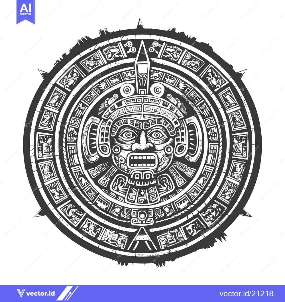 Premium Vector dari Aztec Calendar with Detailed Glyphs and Central Deity Face