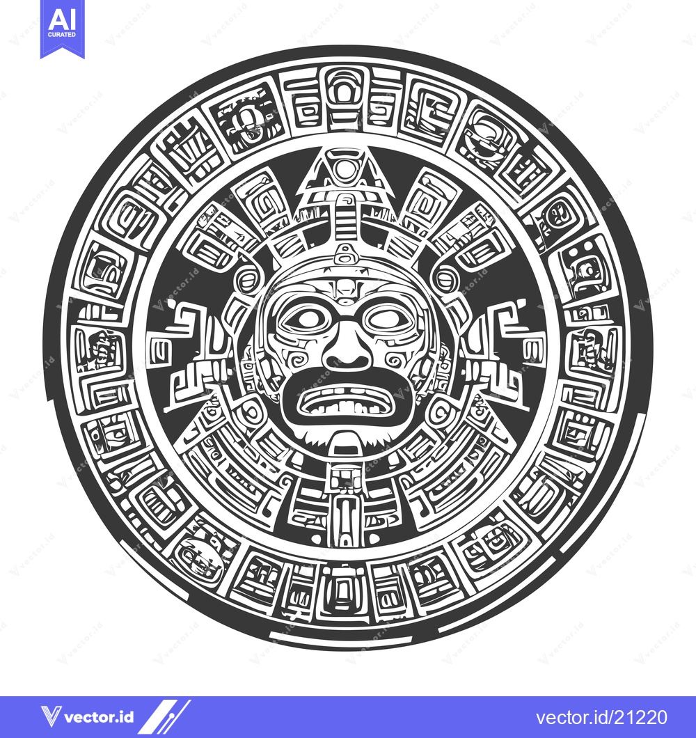 Premium Vector dari Aztec Calendar with Face in Center and Intricate Circular Designs