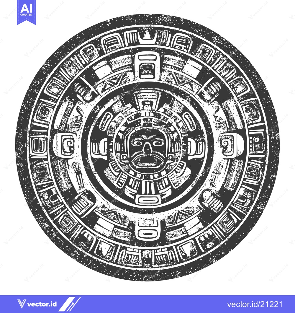 Premium Vector dari Aztec Calendar with Grunge Texture and Central Face