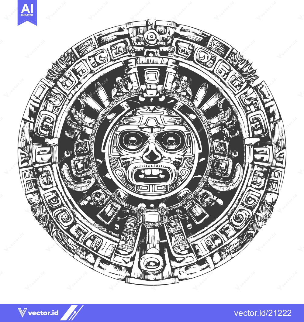 Premium Vector dari Aztec Calendar with Intricate Carvings and Central Deity