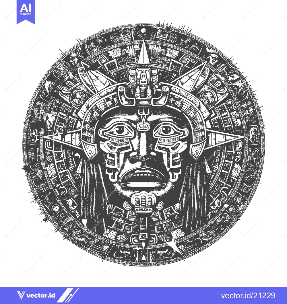 Premium Vector of Aztec Calendar with Ornate Face and Detailed Glyphs