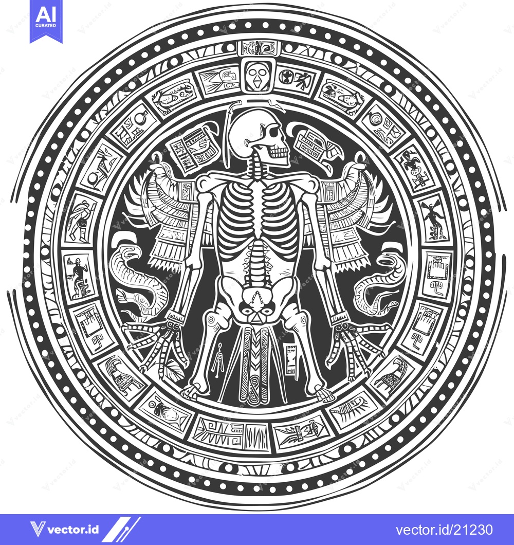 Premium Vector dari Aztec Calendar with Skeleton and Symbolic Figures