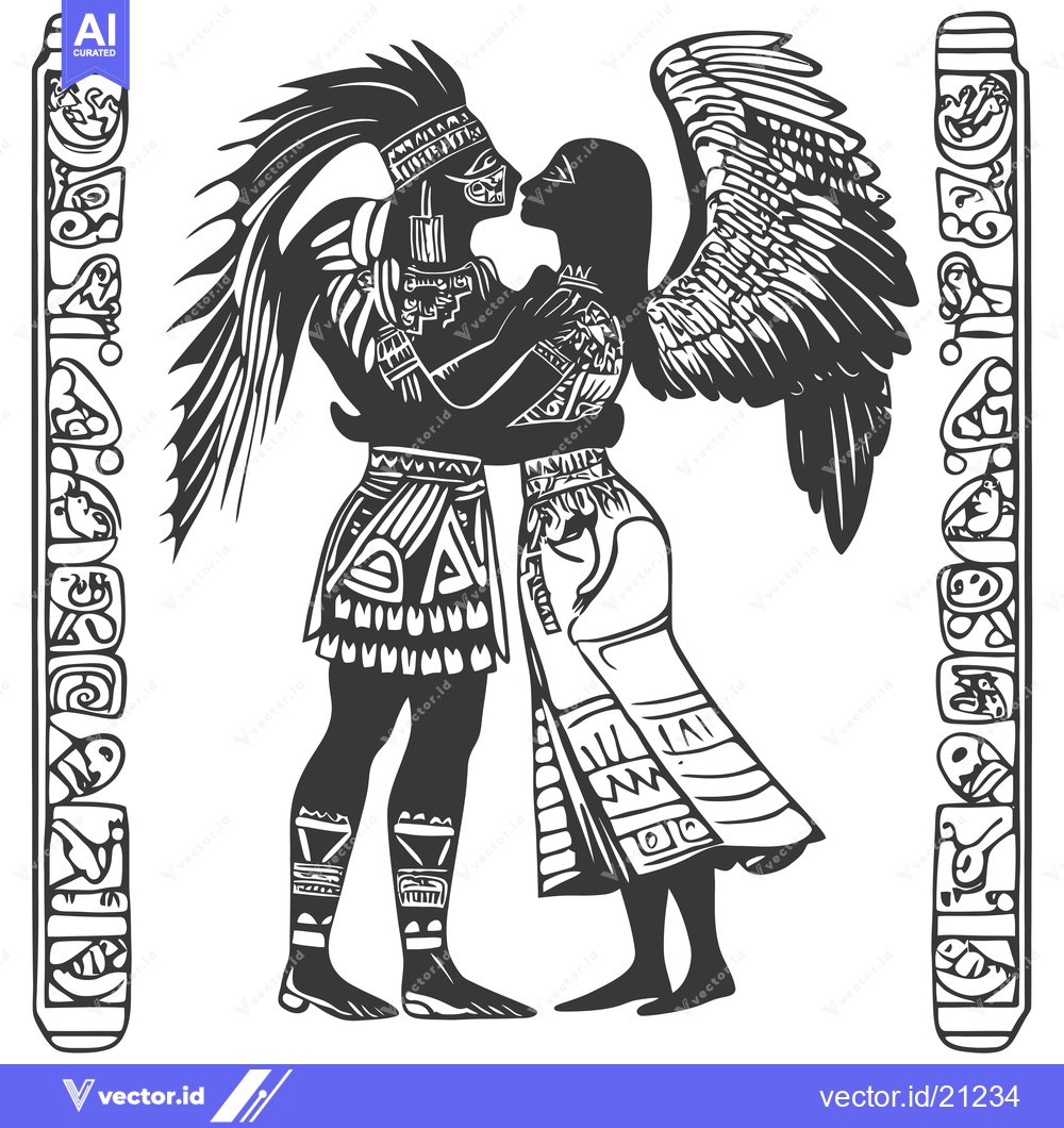 Premium Vector of Aztec Couple Embracing with Winged Figure