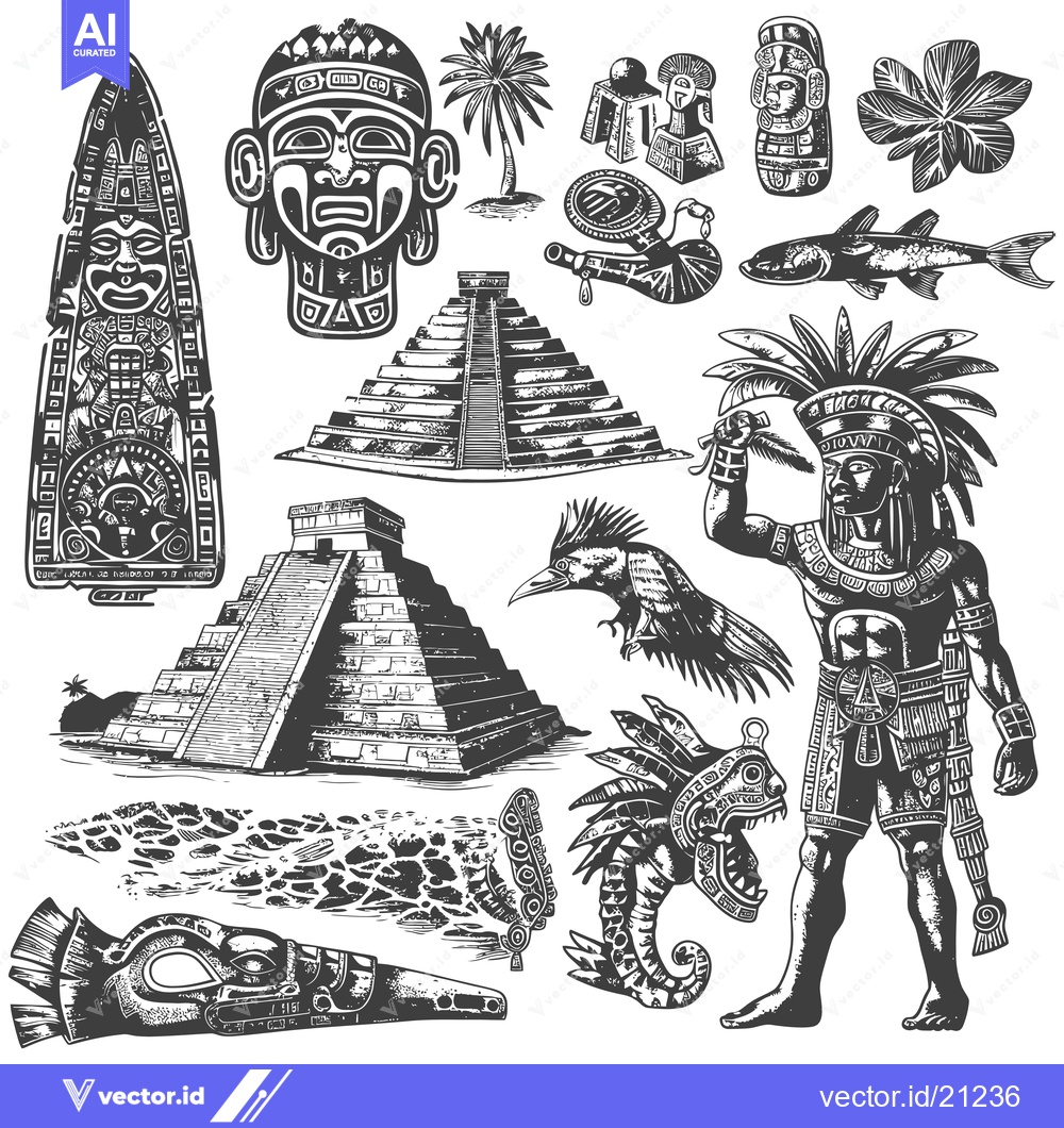 Premium Vector of Aztec Culture Icon Set with Pyramids, Masks, and Warrior