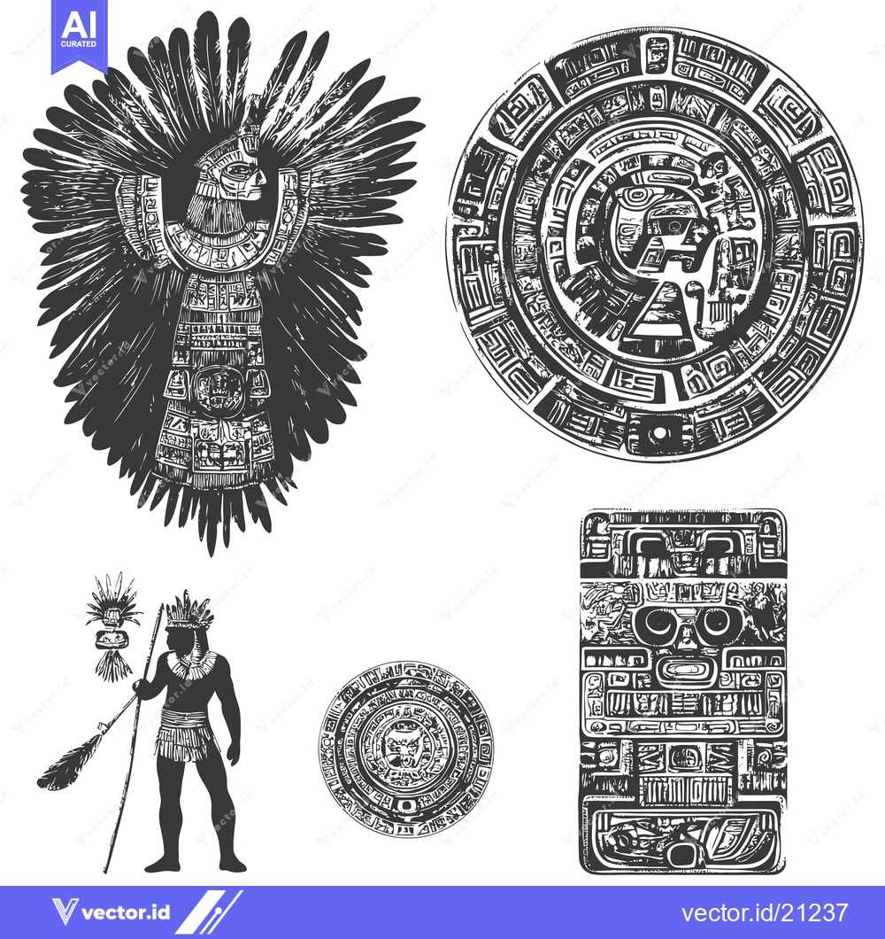Premium Vector dari Aztec Culture Illustrations with a Warrior, a Calendar, and Ornaments