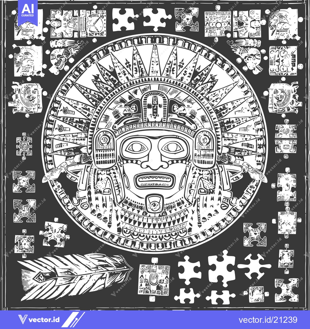 Premium Vector of Aztec Deity Face with Puzzle Pieces and Feathers