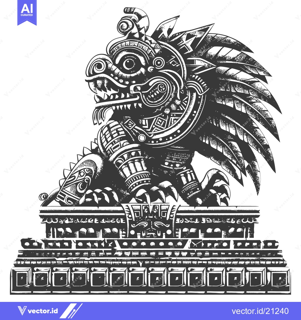 Premium Vector dari Aztec Deity with Claws on Platform, Detailed Black and White Illustrat