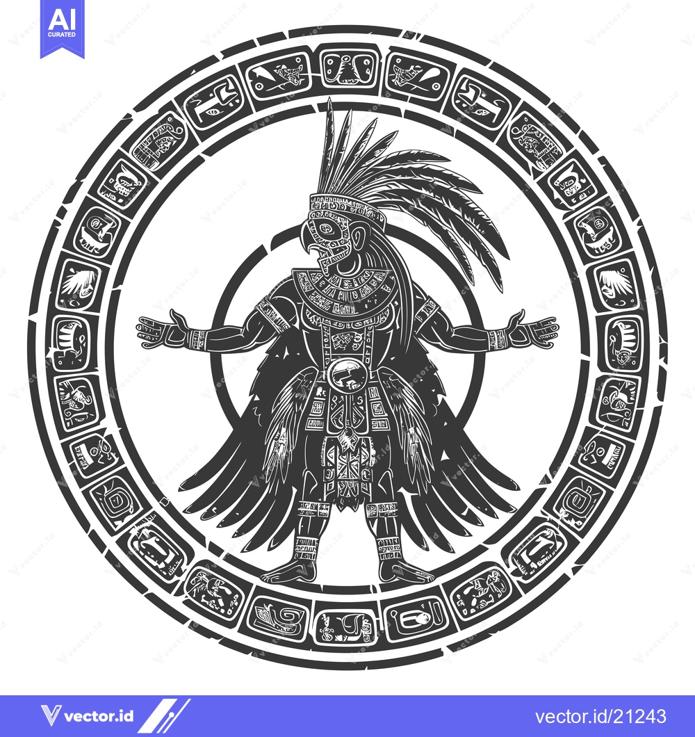 Premium Vector dari Aztec Deity with Feathered Headdress and Wings in a Circular Frame